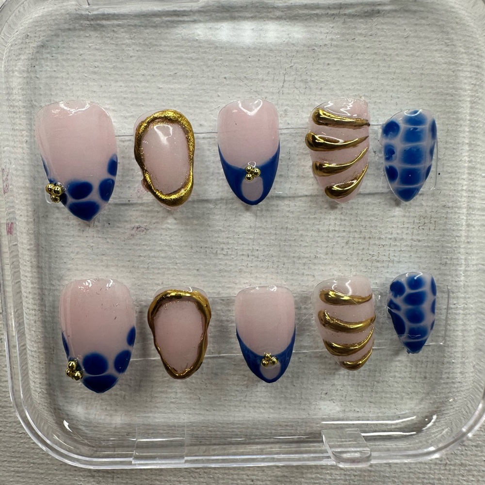 Handmade Chic Blue and Gold  Nail Set. Size extra small.